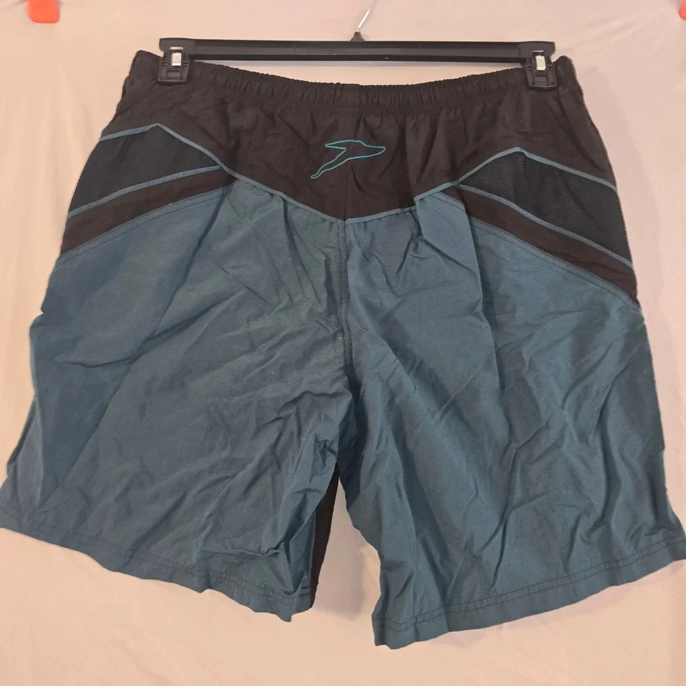 Speedo Swim‎ Trunks Large Mens Black Teal Mesh Panel Colorblock Board Shorts